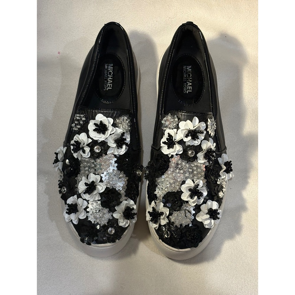 Michael Kors Black Leather Floral Embellished Platform Slip On Sneakers Womens